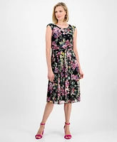 Connected Women's Floral Chiffon Tie-Waist Midi Dress