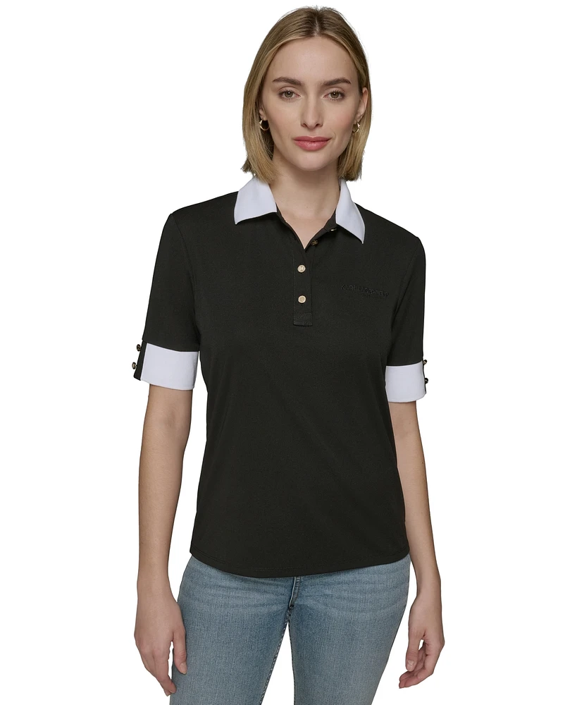 Karl Lagerfeld Paris Women's Contrast-Cuff Polo Top