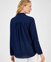 Jm Collection Women's Solid Embellished Button Blouse, Exclusively at Macy's