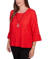 Alfred Dunner Petite Solid Heart Textured Bell-Sleeve Top