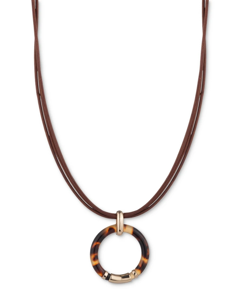 Lauren Ralph Lauren Gold-Tone Tortoise Shell-Look Circle Leather Cord Pendant Necklace, 16" + 3" extender