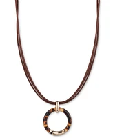 Lauren Ralph Lauren Gold-Tone Tortoise Shell-Look Circle Leather Cord Pendant Necklace, 16" + 3" extender