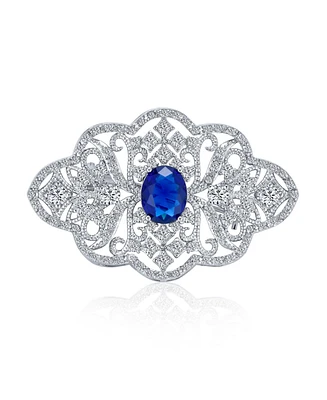 Bling Jewelry Big Royal Blue Cz Cubic Zirconia Brooche Pin Art Deco Style