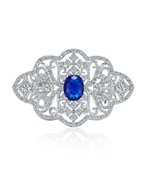 Bling Jewelry Big Royal Blue Cz Cubic Zirconia Brooche Pin Art Deco Style