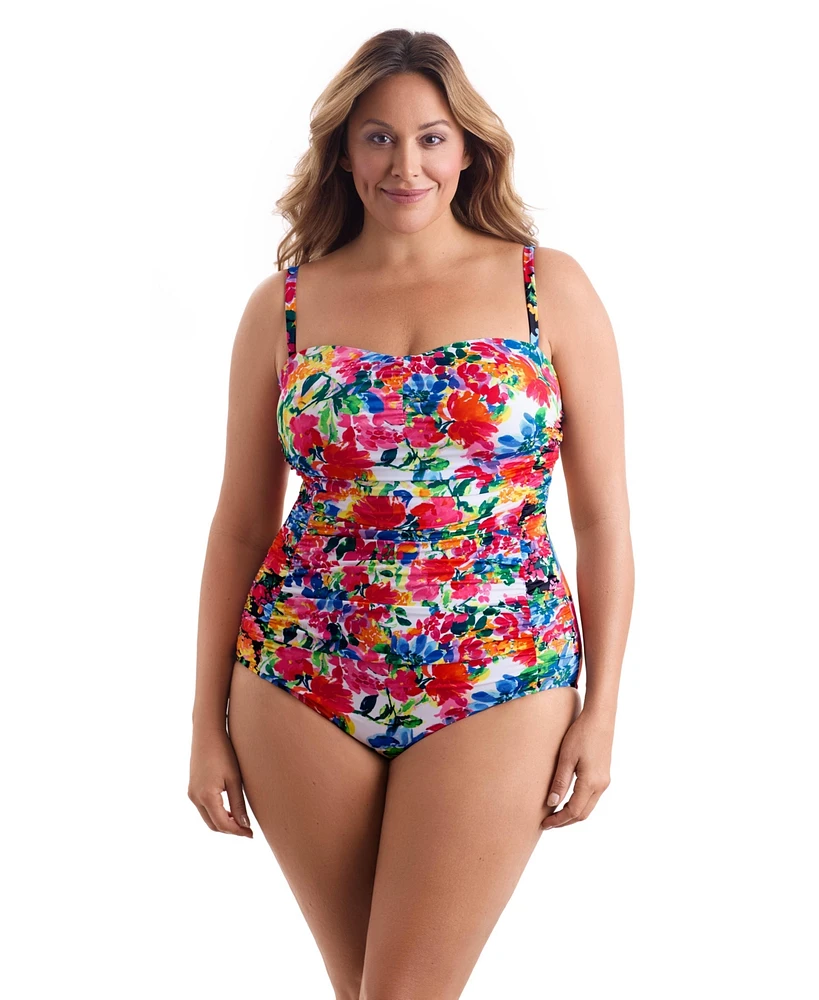 Longitude by Mimi Flamingo Summer Waves Shirred Sweetheart Tank One Piece Swimsuit