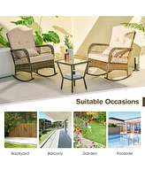 3 Pieces Outdoor Hand-Woven Pe Rattan Conversation Set with Tempered Glass Side Table