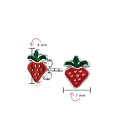 Bling Jewelry Tiny Small Summer Fruit Red Enamel Strawberry Stud Earrings .925 Sterling Silver