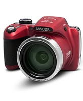 Minolta MN53Z 16MP Fhd Digital Camera with 53x Optical Zoom, Wi-Fi, Red Bundle with Shoulder Bag, Octopus Tripod, 32GB Sd Card, Reader, Card Case, Cle