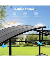 8×5FT Gray Arc Hardtop Grill Gazebo Canopy with 2-Tier Roof & Side Shelves, Waterproof Bbq Tent