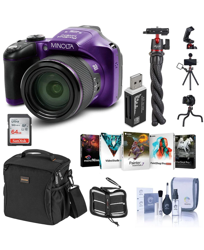 Minolta MN67Z 20MP Full Hd Wi-Fi Bridge Camera with 67x Optical Zoom, Purple Essential Bundle with Bag, 64GB Sd Card, Octopus Tripod, Corel Pc Softwar