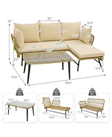 3 Pieces L-Shaped Patio Sofa with Cushions and Tempered Glass Table