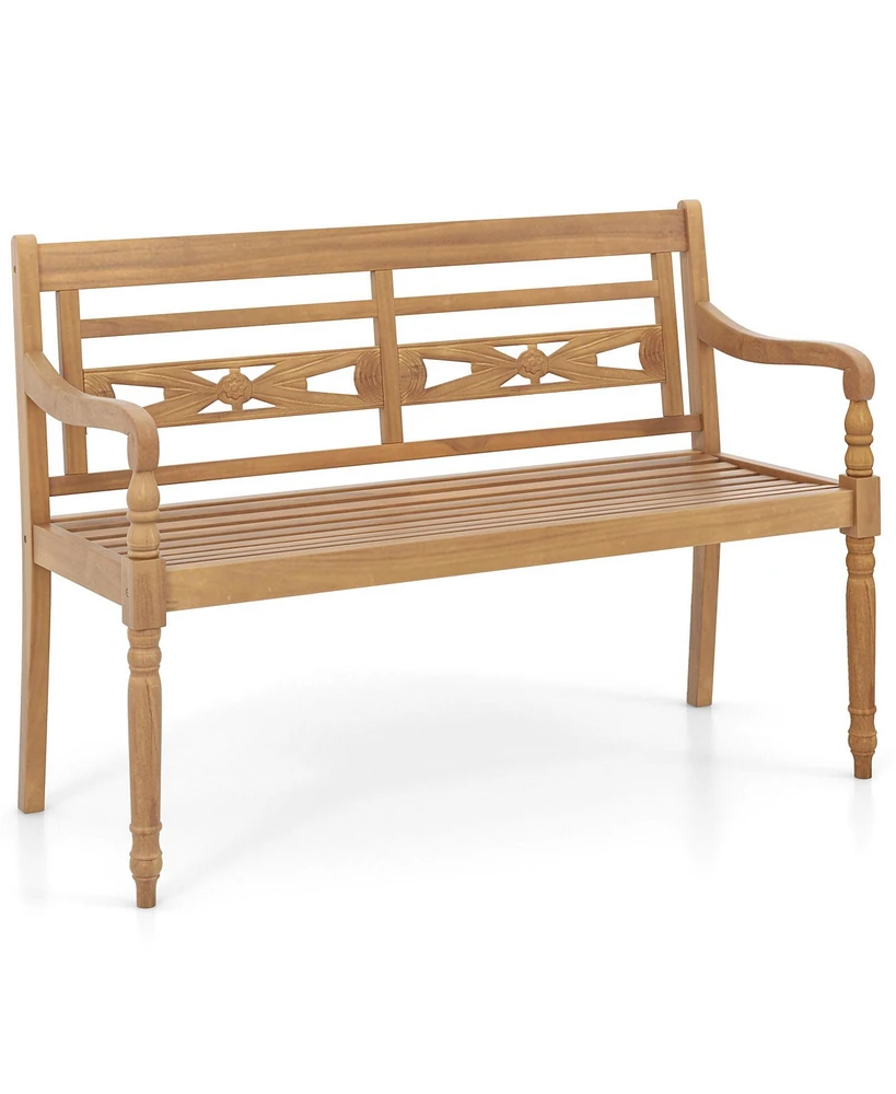 2-Person Teak Wood Patio Bench with Wide Backrest and Curved Armrests