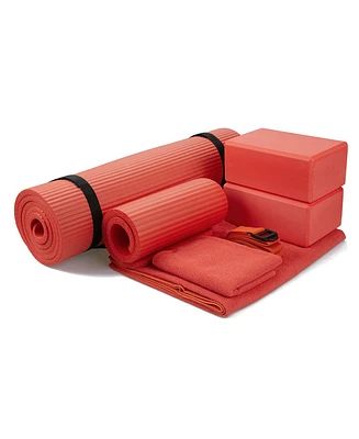 BalanceFrom 7 Piece Yoga Set, with Mat & Towel, Home Workout Equipment, Red