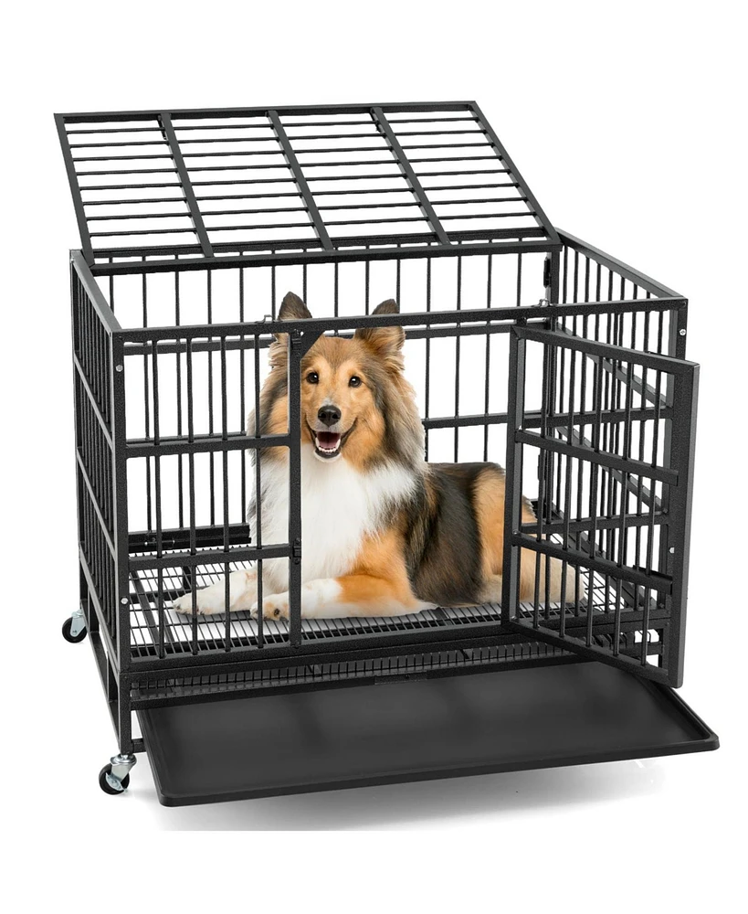 38 Inch Foldable Heavy-Duty Metal Dog Cage with Lockable Rolling Casters and Tray