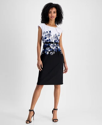 Connected Women's Floral Colorblocked Belted Sheath Dress