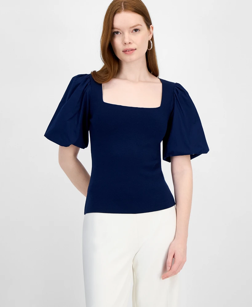 T Tahari Women's Mixed-Media Square-Neck Puff-Sleeve Top