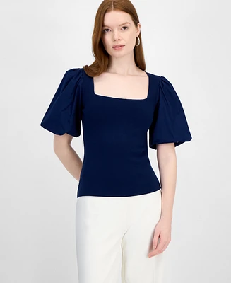 T Tahari Women's Mixed-Media Square-Neck Puff-Sleeve Top