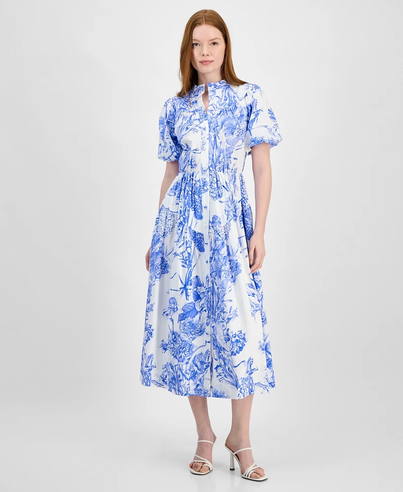 T Tahari Women's Puff-Sleeve Button-Front Midi Dress