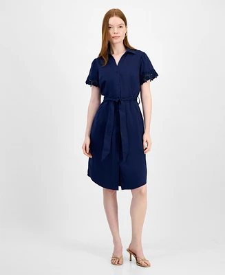 T Tahari Women's Lace-Trim Short-Sleeve Shirtdress