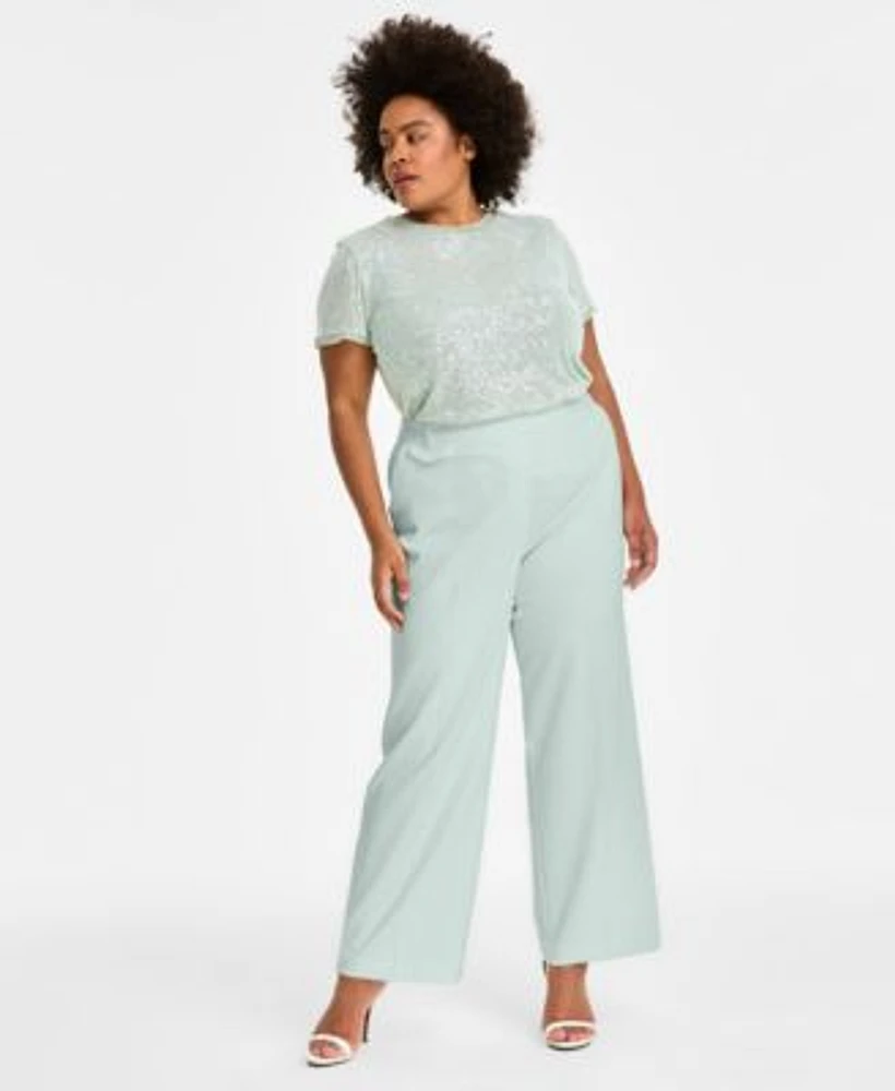 Anne Klein Sequinned Mesh T Shirt Pull On Wide Leg Pants