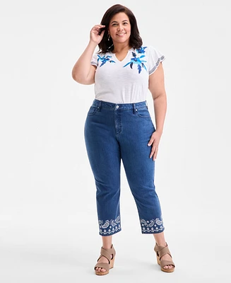 Style & Co Plus Eyelet Embroidered Cropped High Rise Straight Leg Jeans. Exclusively at Macy's
