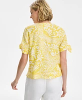 Charter Club Women's Bhavana Tie-Sleeve Woven 100% Linen Top, Exclusively at Macy's