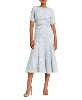 Women's Short Sleeve Beaded Trim Boucle Midi Dress