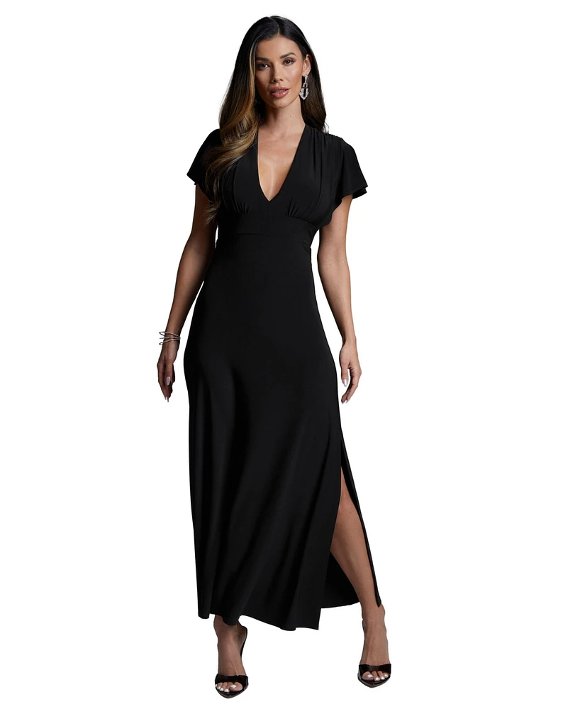 bebe Women's Cap Sleeve V-Neck Full Maxi Dress