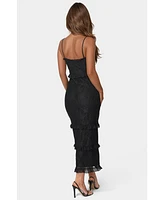 bebe Women's Lace Maxi with Ruffle Dress