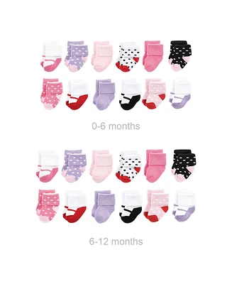 Luvable Friends Baby Girls Grow with Me Cotton Terry Socks, Coral Lilac Mary Janes, 0-6 and 6-12 Months