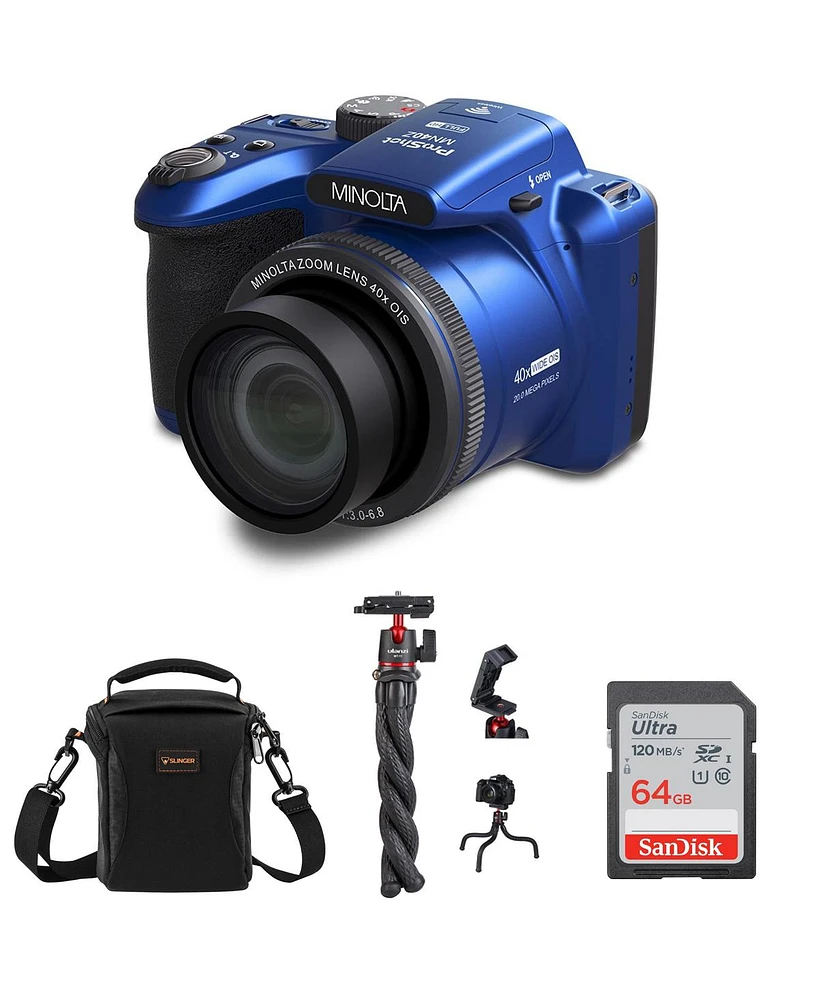 Minolta ProShot MN40Z 20MP Full Hd Camera with 40x Optical Zoom, Blue, Bundle with Mt-11 Multifunctional Octopus Tripod, 64GB Sdxc Memory Card and Sho