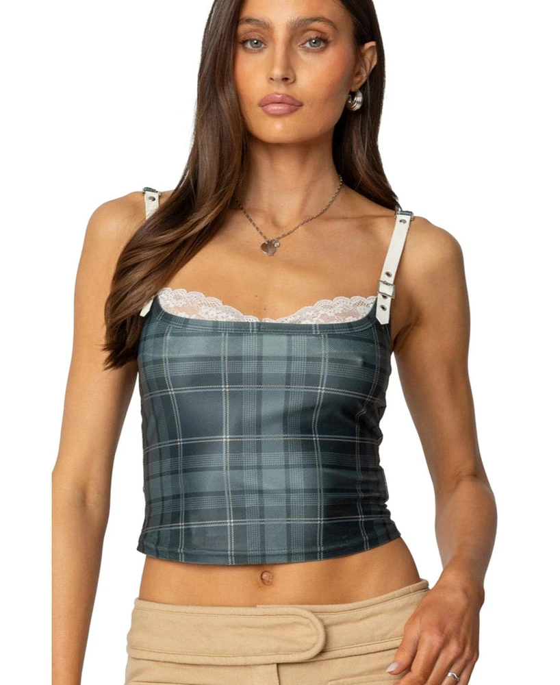 Edikted Womens Plaid Lacey Peekaboo Top