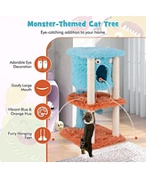 Cute Monster-Themed Cat Tower with Private Condo & Soft Long Plush Cozy & Fun Playhouse for Cats