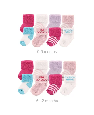 Luvable Friends Infant Girl Grow with Me Cotton Terry Socks, Pink Dad, 0-6 and 6-12 Months