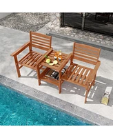 Outdoor Patio Wood 2-Seat Conversation Set with Coffee Table and Umbrella Hole