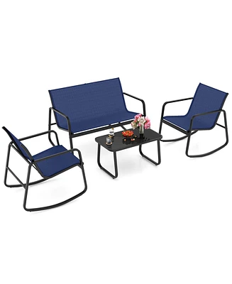 4 Pcs Patio Rocking Set Rocking Chairs & Loveseat with Glass-Top Table Outdoor