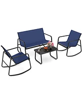 4 Pcs Patio Rocking Set Rocking Chairs & Loveseat with Glass-Top Table Outdoor