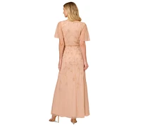Adrianna Papell Women's Beaded Flutter-Sleeve Gown