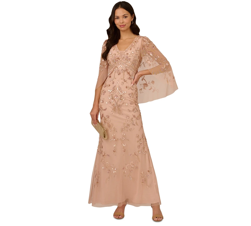 Adrianna Papell Women's Beaded Cape-Sleeve Gown