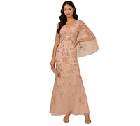 Adrianna Papell Women's Beaded Cape-Sleeve Gown