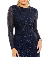 Mac Duggal Women's Sequined Long Sleeve Side Knot Gown