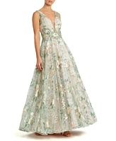 Women's Floral Embroidered Illusion V-Neck Gown