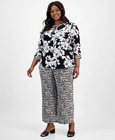Kasper Plus Printed 3/4-Sleeve Twist-Neck Blouse