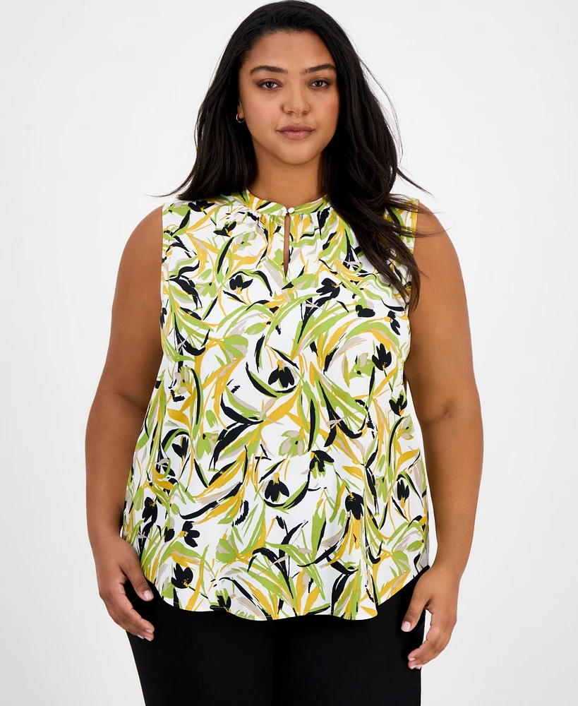 Kasper Plus Sleeveless Printed Keyhole Blouse