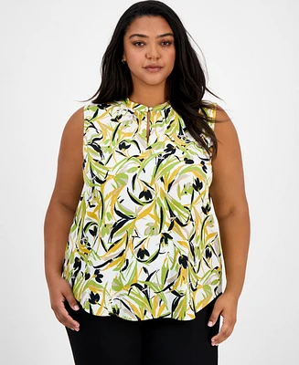Kasper Plus Sleeveless Printed Keyhole Blouse