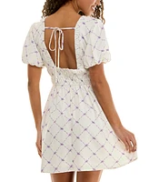 Trixxi Juniors' Puff-Sleeve Surplice Ruched Fit & Flare Dress