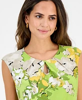 Kasper Women's Floral-Print Pleat-Neck Sleeveless Keyhole Top