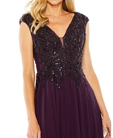 Women's Appliqued Cap Sleeve Bodice Flowy Gown