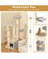 Modern Wooden Cat Tree with Perch, Condo & Hammock Stylish & Cozy Play Tower for Cats