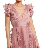 Women's Pleated Chiffon V Neck Ruffle Midi Dress